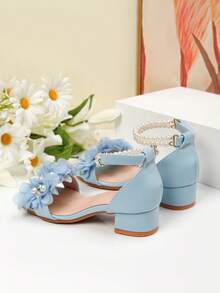 1 par de sandalias de tacón alto decoradas con perlas, zapatos de tacón alto para baile de niñas, sandalias para actividades de estudiantes y casual - Azul - Ver 3