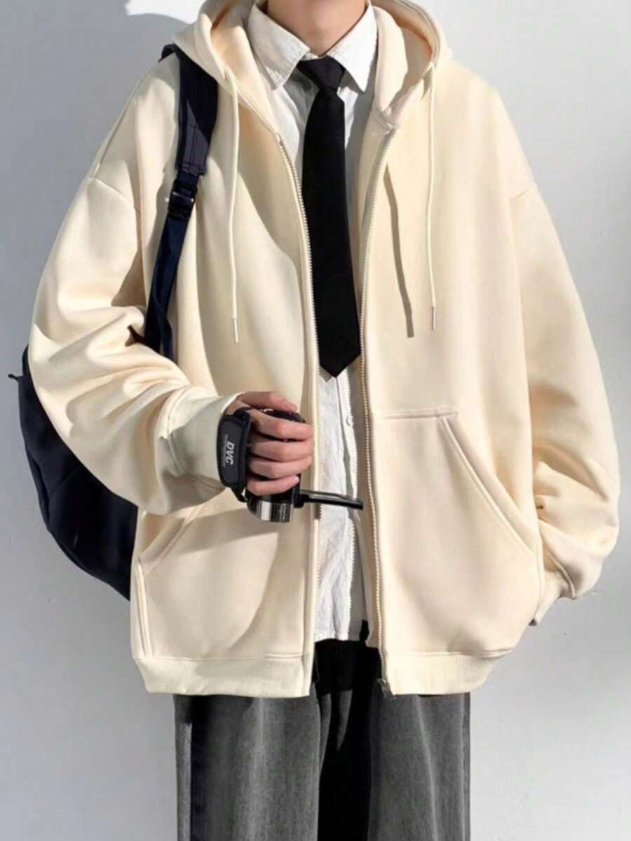 Autumn And Winter Cotton Hoodie Sweatshirt Jacket Solid Color Zipper Cardigan Versatile Sports Top - Beige - View 1