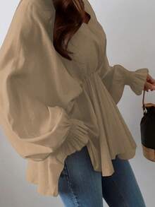 女士休闲不对称V领褶裥腰部宽松灯笼袖长袖衬衫，春夏款