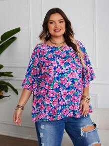 Woven Round Neck Plus Size Batwing Half Sleeve Floral All-Over Print Blouse, Casual Spring/Summer Vacation Wear For Plus Size Women