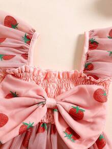 Baby Girl Tulle Dress Ruffle Sleeve Square Neck Strawberry Print Dress Toddler Princess Dress - 粉色 - 查看 3