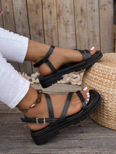 Women's Fashion Flat Beach Sandals, Casual Thick Sole Slippers, Summer Solid Color Flip Flops With Strap, Comfortable Soft Bottom Sport Sandals