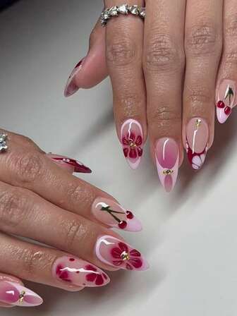 24 件夏季款按压式指甲春季按压式指甲法式假指甲晕染假指甲短杏仁形指甲艺术美甲套装包括 1 片粘合片和 1 个迷你锉刀，非常适合日常佩戴美甲用品