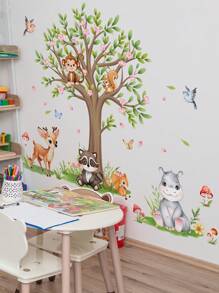 1set 2pcs/1set 3pcs Cartoon Big Tree Animal Wall Stickers, Children Room Decor