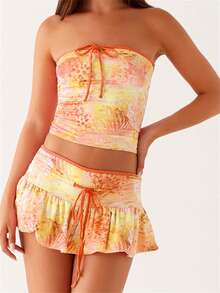 Womens Two Piece Summer Outfits Strapless Tie-Up Front Tube Tops And Mini Skirt Set Clubwear - 黃色 - 查看 1