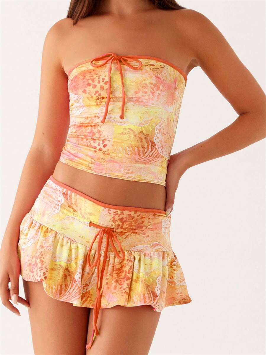 Womens Two Piece Summer Outfits Strapless Tie-Up Front Tube Tops And Mini Skirt Set Clubwear - 黃色 - 查看 1