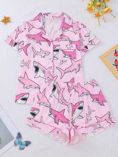 2 件套女士鲨鱼印花睡衣套装，有领短袖舒适上衣和合身弹力短裤，优雅睡衣套装，适合节日派对、休闲家居服