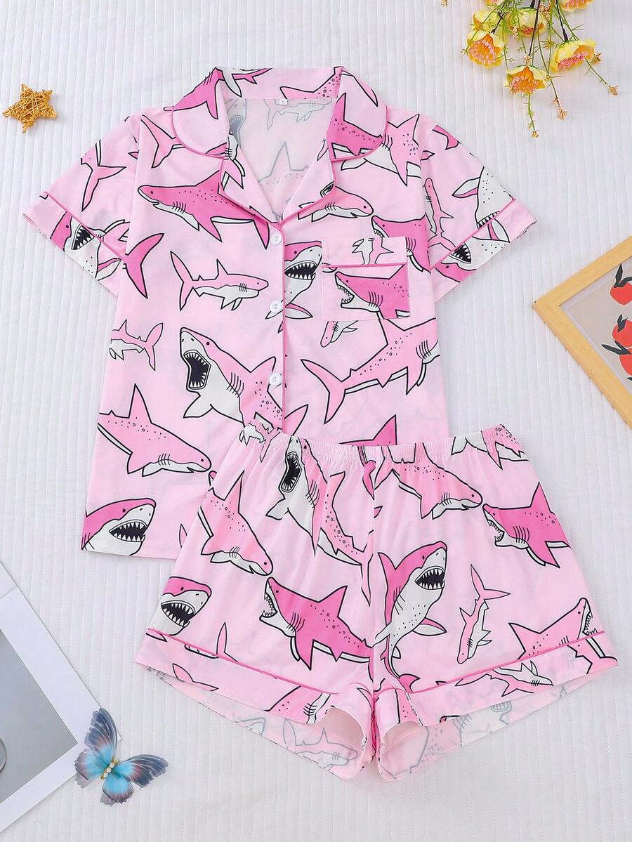2pcs/Set Women Shark Print Pajama Set, Collared Short Sleeve Comfy Top And Fitted Elastic Shorts, Elegant Sleepwear Outfit For Festival Party, Casual Home Wear - 粉色 - 查看 1