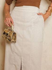 Linen Midi Skirt With Stylish Slit And Flexible Waist Casual Elegant Party Linen Hollow Out/Cut Out Split Skirt Evening Office Formal Evening Travel - 米色 - 查看 5