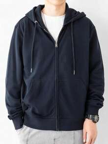 Autumn And Winter Cotton Hoodie Sweatshirt Jacket Solid Color Zipper Cardigan Versatile Sports Top - Navy Blue - View 1