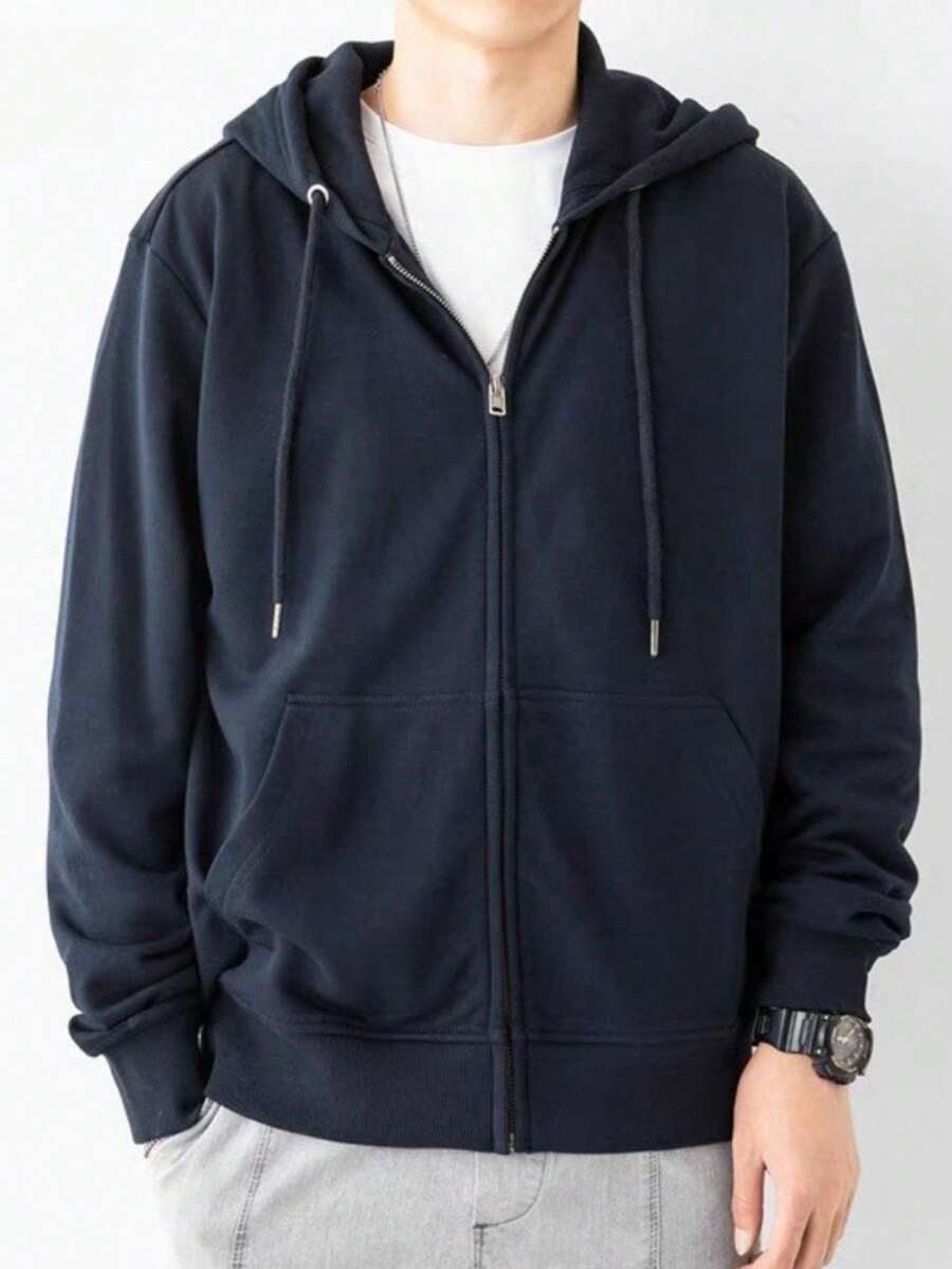 Autumn And Winter Cotton Hoodie Sweatshirt Jacket Solid Color Zipper Cardigan Versatile Sports Top - Navy Blue - View 1