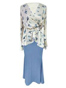 Ladies Summer Fashion Printed Shirt Top Half-Body Skirt Two Pieces Set