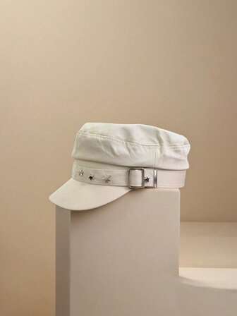 1 件黑星印花贝雷帽，复古英伦风格，女士海军帽，韩国时尚画家报童帽