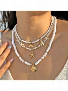3pcs Set Fashionable Holiday Style Alloy Starfish, Seashell & Pearl Waterproof Wax Cord Braided Adjustable Necklace, Suitable For Party, Gift, And Daily Wear - Multicolor - View 1
