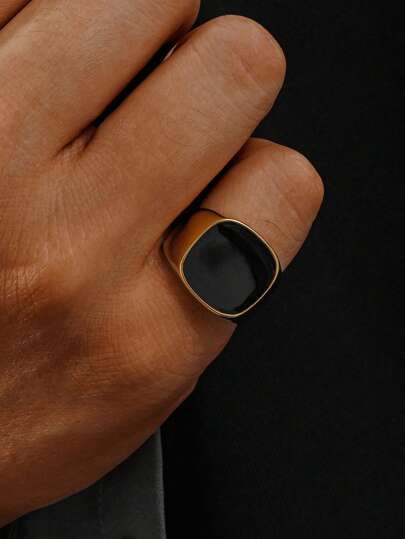 1 peça de aço inoxidável banhado a ouro 18K minimalista puro preto padrão quadrado anéis masculinos joias de verão