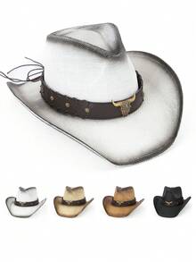 1pc Bohemian Bull Retro Pattern Casual Rivet Decorated Hat, Suitable For Western, Beach, Sun Protection, Unisex All-Match Commuter, All Season - Teardrop Hat - View 11