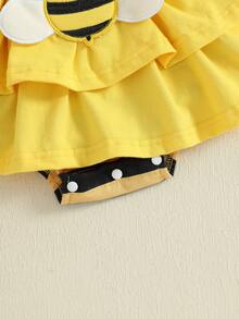 Conjunto de verano para niña de 0 a 18 meses: mono acampanado con estampado de abejas y diadema gratis  Pelele de rayas de manga corta, ropa para bebé niña - Amarillo - Ver 9