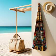 Extra Soft Quick-Dry Beach Towel With Vibrant Skull And Floral Fedora Design - Highly Absorbent, Machine Washable, Ideal For Swimming, Fitness, Travel, Camping, Surfing And Outdoor Adventures Summer Holiday Bathroom Decor Beach Essentials - Multicolor - View 5