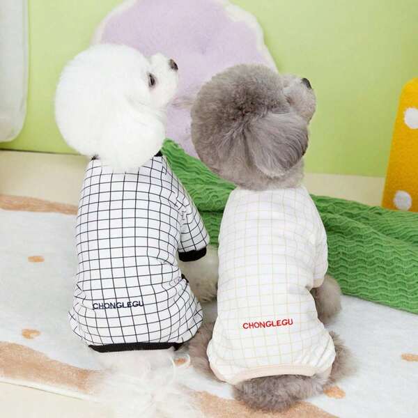 1pc New Spring/Summer Casual Grid Printed Four-Legged Pet Pajamas For Small Dogs