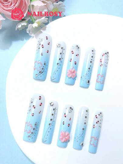 10Pcs Handmade Press On Nails Kit Long Coffin Yellow Line Art Cherry Bling Glitter Glistening Iridescent Luxurious Rhinestone Decor Japanese Style Modern Elegant Minimalist Korea Style Fresh Design Chic French Style Neutral Classical Cute Kawaii Creative Glossy Finish Shimmery