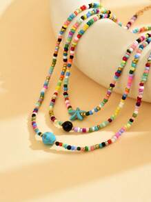 3 Stücke/Set Boho Sommer Urlaubsstil Perlen, Glassee-Stern Anhänger mehrschichtiges Perlenkette, geeignet für Frauen Strandurlaub