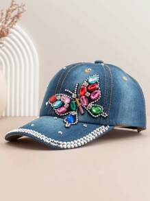 1 Stück Damen Mode Baseball Kappe mit Schmetterling Strass, vielseitig einsetzbarer Outdoor Lässig Sonnenhut mit farbigen Strass-Akzenten