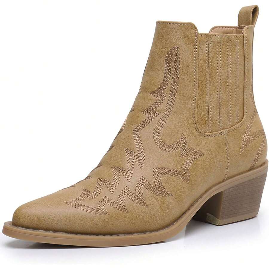 GLOBALWIN Cowboy Boots For Women Pointed Toe Pull On Chelsea Ankle Booties The Western Cowgirl Boots Fall Boots Halloween Season - 卡其色 - 查看 1