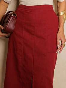 Linen Midi Skirt With Stylish Slit And Flexible Waist Casual Elegant Party Linen Hollow Out/Cut Out Split Skirt Evening Office Formal Evening Travel - 酒紅色 - 查看 5