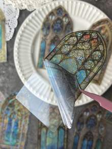 1 Pack Of 10 Sheets Retro Luxurious Stained Glass Window Foil Laser Decal Stickers For Scrapbooking,School Supplies,Back To School - one-size - View 5