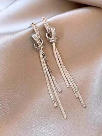 2 Pcs Elegant Crystal Silver Long Tassel Earrings, Versatile & Charming, Suitable As Women's Daily Wear Earrings Or Gift