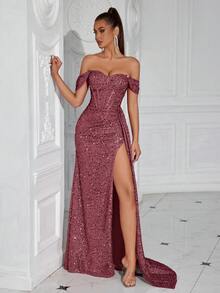 ADYCE 闪亮心形领口褶皱腰身长款缎面系带前开衩露背派对礼服，亮片圣诞派对正式礼服