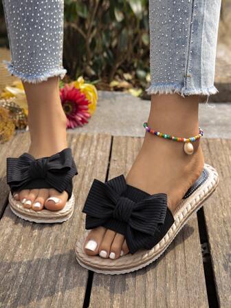 Women's Bow Decor Flat Sandals, Lightweight Summer Ladies Slippers, Non-Slip Women's Beach Shoes, Open-Toe Ladies Shoes, Slip-On Ladies Sandals