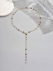 LIEBEIRIS 1 pieza Collar en forma de Y de acero inoxidable chapado en oro de 18K con circonita cúbica multicolor, adecuado para uso diario de mujeres y como regalo (color aleatorio)