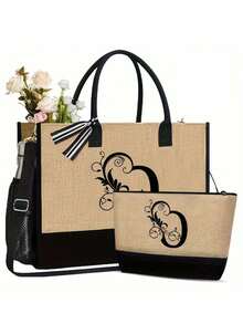 Black Khaki Patchwork Tote Bag Set, Black Vines Wrapped Around The Initial Letters A-Z, With The Same Series Of Color Block Makeup Storage Bag, Toiletry Bag, Wallet, Personalized Gift Bag, Fashionable Personalized Tote Bag - Khaki - View 44