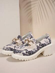 Giày đế xuồng in họa tiết hoa cổ điển dành cho nữ, giày cao gót đế xuồng có khóa kim loại - Nhiều màu - Xem 6