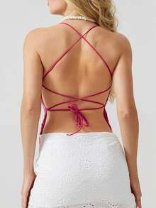 Women Y2K Sequin Cami Top Sexy Low Cut V Neck Open Back Criss Cross Straps Tank Tops Cute Sparkle Backless Summer Going Out Crop Tops Party Tops New Years Top - 玫紅色 - 查看 8