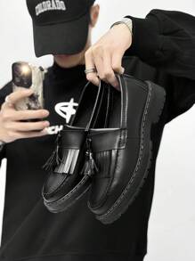 Men's Casual Thick Sole Slip-On Solid Black Leather Shoes, Durable Student Loafers, Formal Business Dress Shoes With Tassels, Lightweight Casual Work Boots