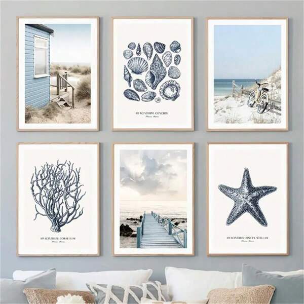 1 Pc Optional Frame Posters Wall Arts Vintage Beach Hut Bridge Reed Starfish Conch Coral Ocean Wall Art Canvas Painting Posters And Prints Wall Pictures For Living Room Decor, Wall Art With Frame