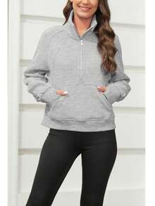 Fisoew Women's Half Zip Crop Sweatshirt - Fleece Lined Pullover With Funnel Neck & Thumb Holes | Athleisure 2024 Y2K Streetwear Long Sleeve Zip Up Top Winter Casual Outfit Cozy Season Essentials - Light Grey - View 4