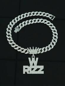 Funky Rizz Letter Pendant Necklace With Cuban Chain - Hip Hop Style Crown Clasp, Zinc Alloy & Rhinestone Accents For Men - W RIZZ Pendant Necklace - View 24