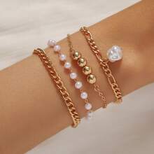 4pcs/Set Elegant Faux Pearl Beaded Chain Bracelets, Suitable For Daily Wear - Multicolor - View 13