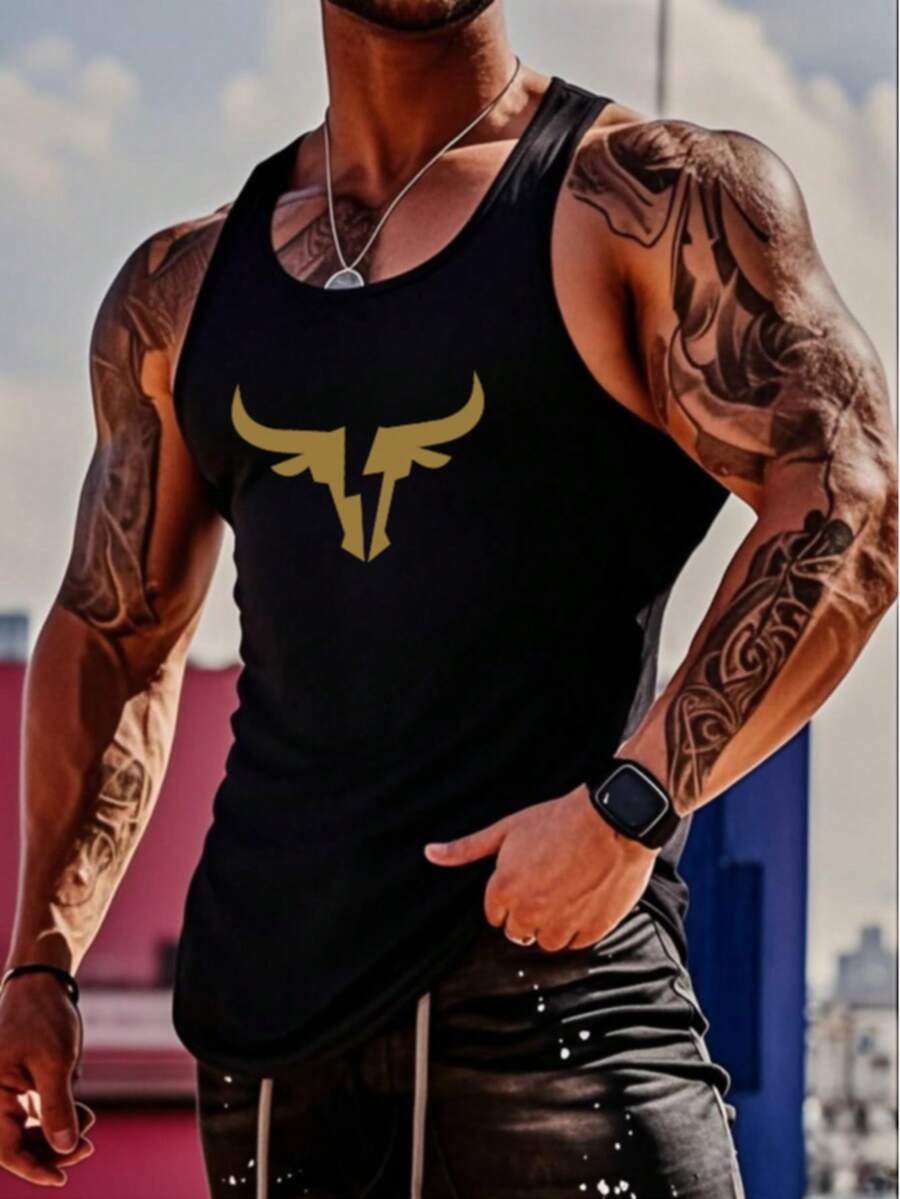 男士无袖背心，健身背心，休闲无袖运动背心，标准版型，适合锻炼 - 黑色 - 查看 1