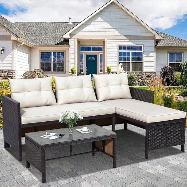 Patio Conversation Set 3 Piece Outdoor Patio Furniture Sets With Lounge Chaise Chair Loveseat Sofa Coffee Table All-Weather Patio Sectional Sofa Set With Cushions For Backyard Garden Pool L4817