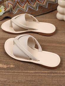 1 Pair Children & Teens Plus Size Ivory White Slippers, Elastic Fabric Thong Design, Simple Yet Comfortable, Lightweight TPR Flat Non-Slip Round Toe, Casual Indoor Outdoor Wear, Fashion Roman Sandals, Spring Summer New