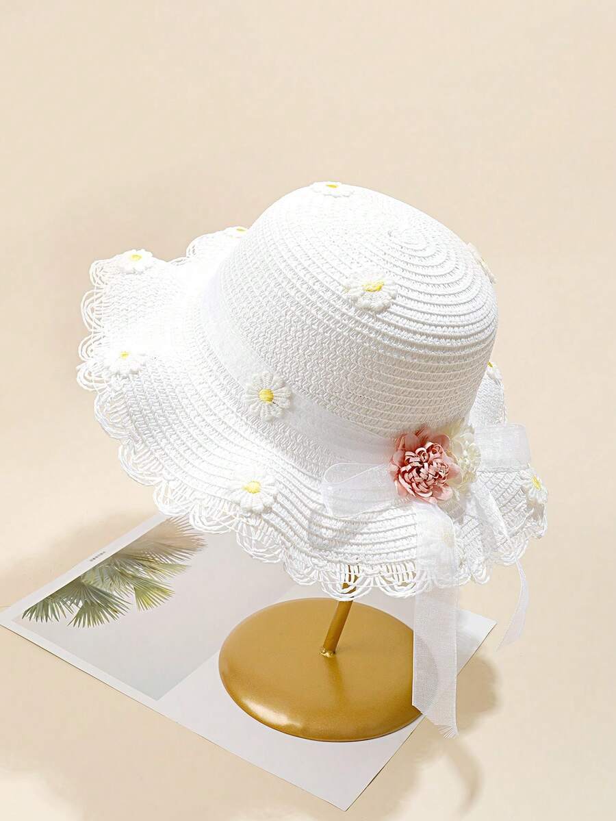 1 pezzo Cappello a tesa larga per bambini, con decorazione a fiori di margherita, di colore tinta unita, dolce e carino, adatto per attività all'aperto, primavera/estate, idea regalo per bambini - Cappello di paglia ondulato a forma di fiore di margherita - Visualizzare 1