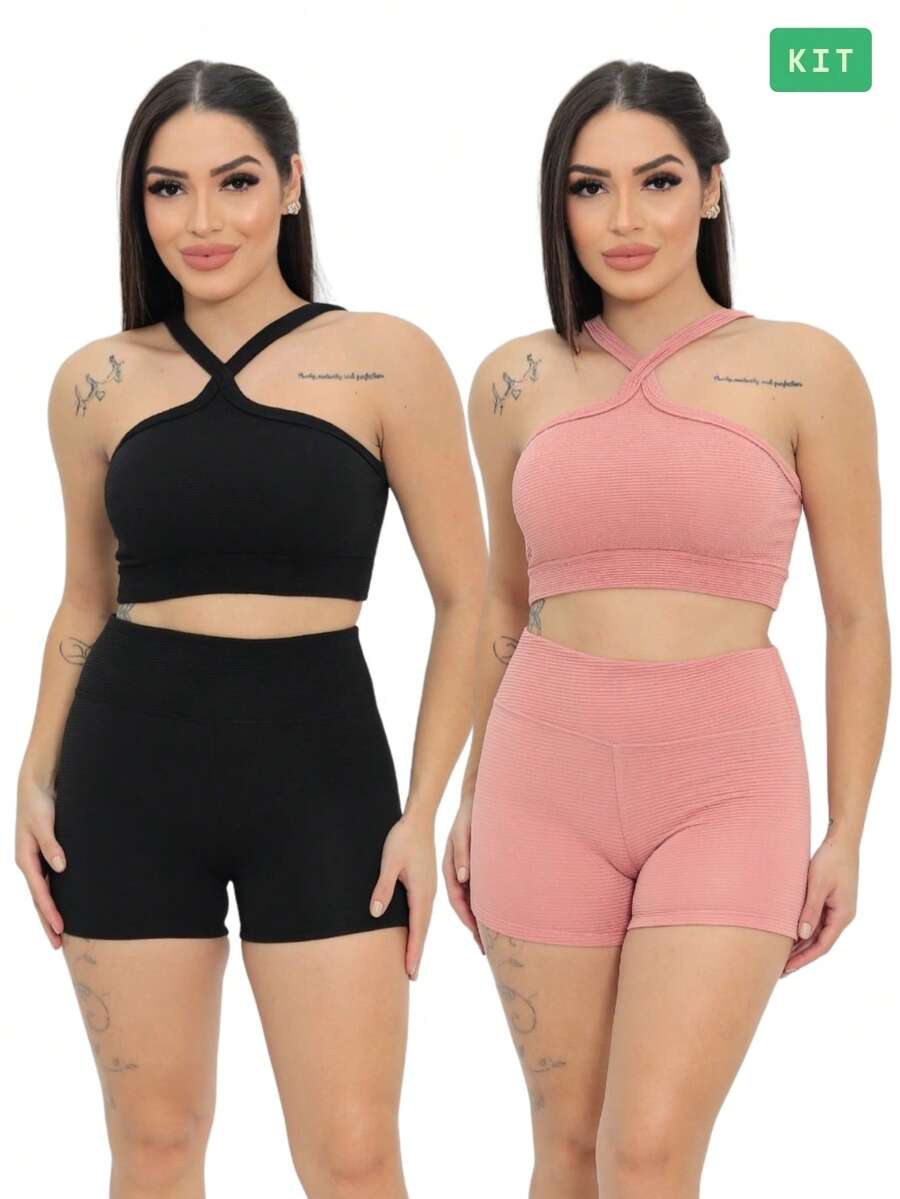 Kit 2 Sets Shorts And Cross-Over Top For Women Gym Fitness Sports Running Yoga