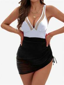 Womens Swimdress V Neck U Ring Sleeveless Bathing Suit Drawstring Mesh Sheer Swimwear - White - View 6