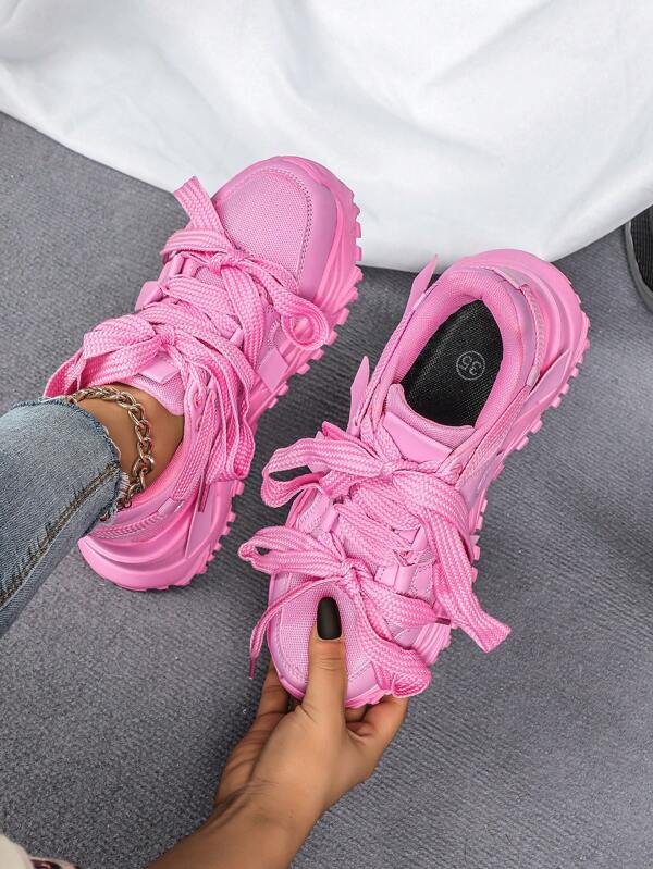 Pantofi noi de damă, roz la modă, cu șireturi cu două capete, pantofi cu talpă groasă recomandati de blogger, șireturi elegante, vârf rotund, pantofi minimalisti pentru femei în aer liber, potriviti pentru petrecere, întâlnire, sală, navetă zilnică, sport, muncă, cadou
