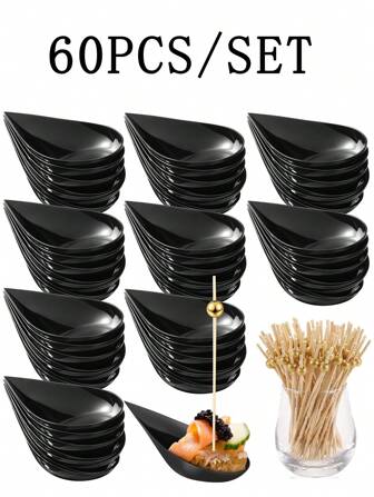 60 件/套 4 英寸泪滴迷你开胃菜盘鸡尾酒签套装，黑色塑料品尝勺餐饮用品和 4.7 英寸珍珠牙签，适用于活动派对婚礼宾客