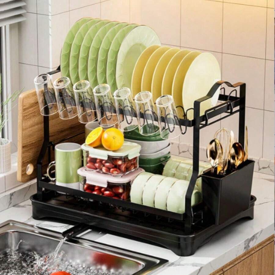 1 Pc 2 Tier Iron Detachable Dish Drying Rack, Large Capacity Kitchen Counter Storage Rack, Waterproof Anti-Rust Multi-Function Double-Layer Dish Dry Rack,Dish Drying Rack Dish Racks For Kitchen Counter Metal Dish Drainers With Knife Cup Utensil Holder,Countertop Dish Storage Drainage Rack Expandable Kitchen Sink Shelf Dish Rack Drainer Black Kitchen Organizer